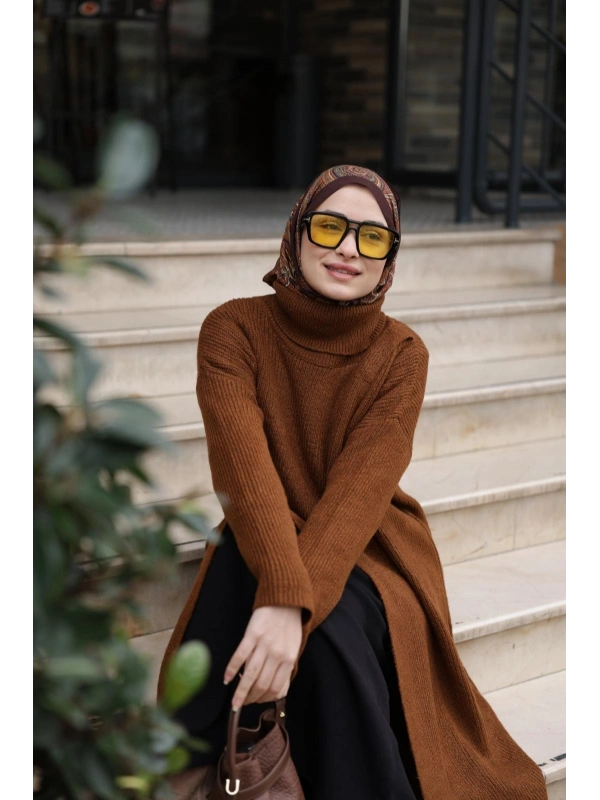 Balıkçı Yaka Triko Tunik Boydan Yırtmaçlı Kiremit