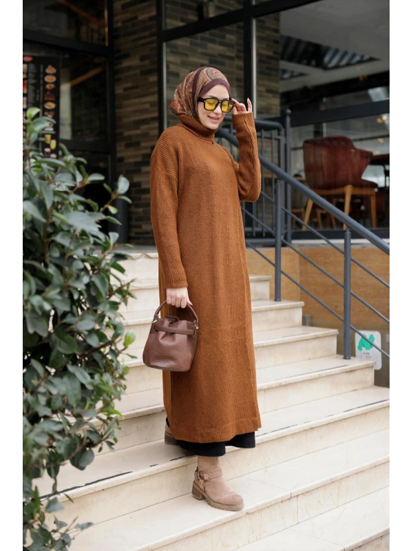 Balıkçı Yaka Triko Tunik Boydan Yırtmaçlı Kiremit