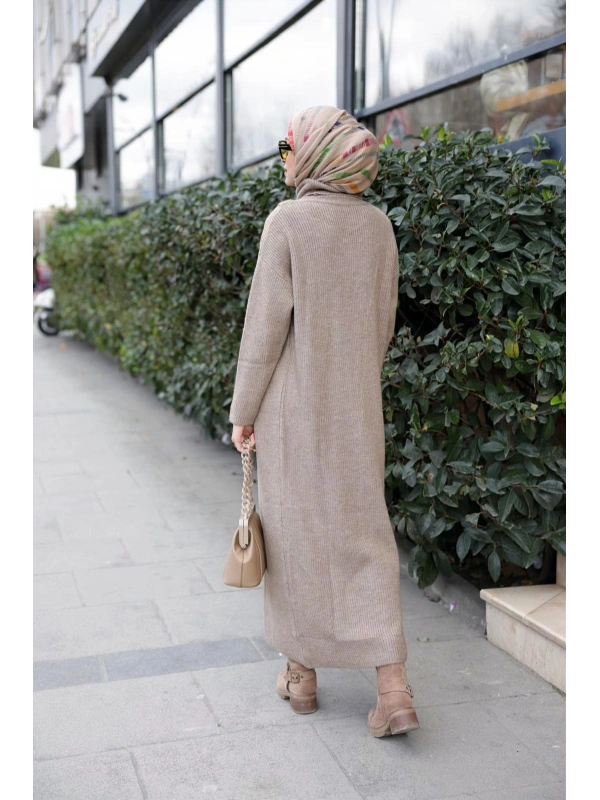 Balıkçı Yaka Triko Tunik Boydan Yırtmaçlı Bej