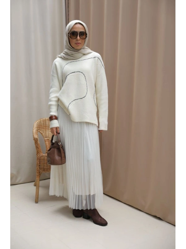 Kadın Asimetrik Dikişli Tüllü Triko Takım-Ekru