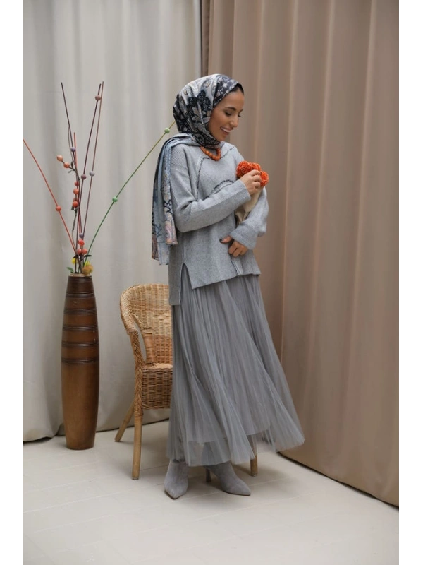 Kadın Asimetrik Dikişli Tüllü Triko Takım-Gri