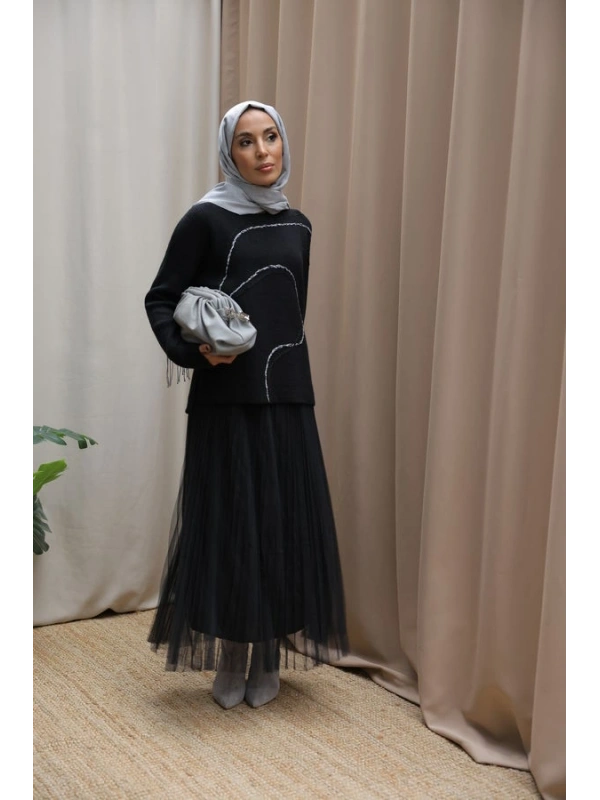 Kadın Asimetrik Dikişli Tüllü Triko Takım-Siyah