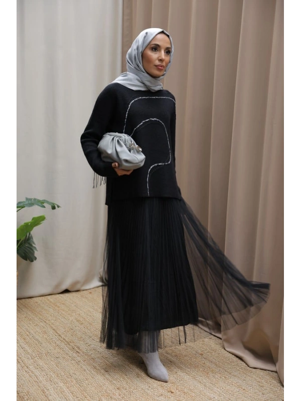 Kadın Asimetrik Dikişli Tüllü Triko Takım-Siyah