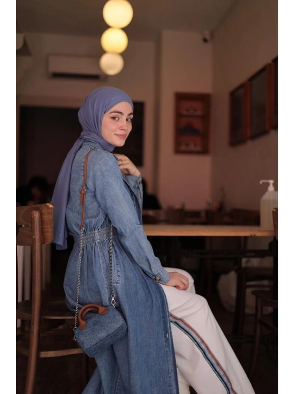 Kadın Beli Lastikli Denim Trençelbise-Açık Mavi