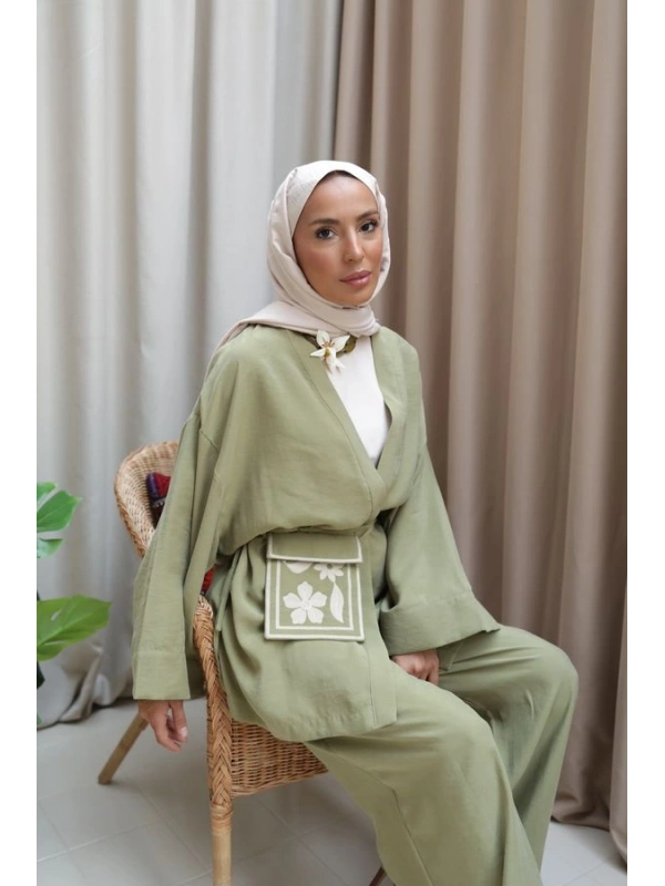 Kadın Çantalı Kimono Takım- Yağ Yeşil