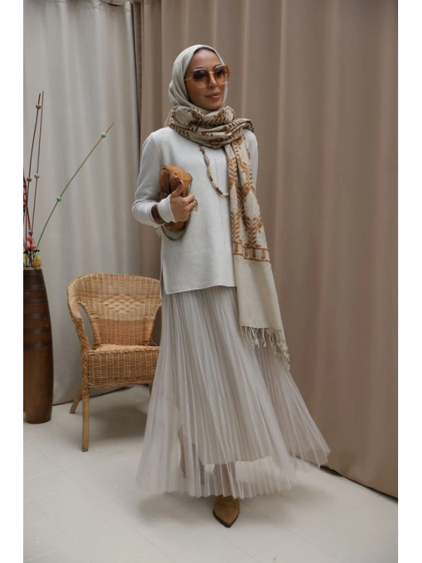 Kadın Dikiş Detaylı Etekli Triko Takım- Gri_