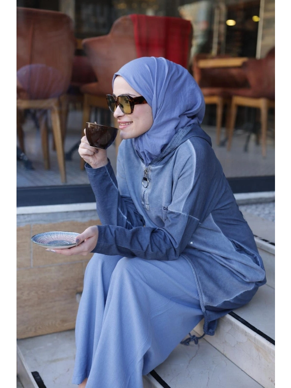 Kadın Işıl Kapşonlu Tunik-MAVİ