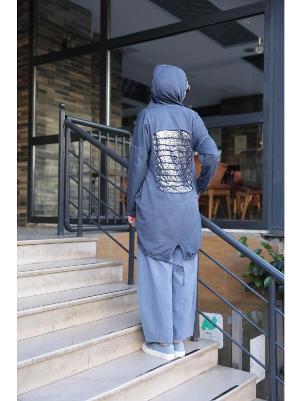 Kadın Işıl Kapşonlu Tunik-MAVİ