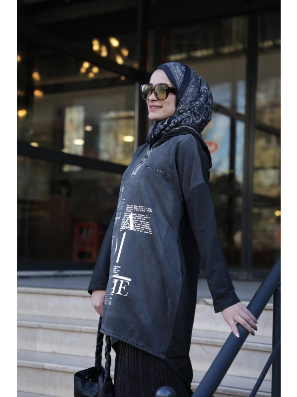 Kadın Işıl Kapşonlu Tunik-Siyah