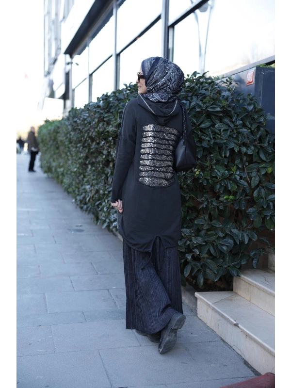 Kadın Işıl Kapşonlu Tunik-Siyah