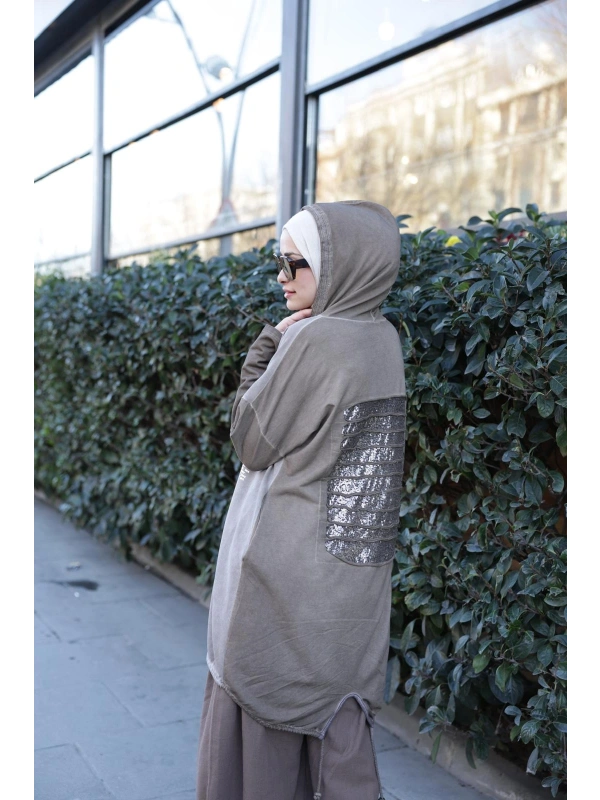 Kadın Işıl Kapşonlu Tunik-Vizon