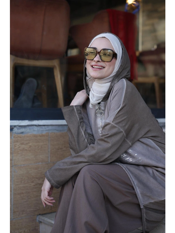 Kadın Işıl Kapşonlu Tunik-Vizon