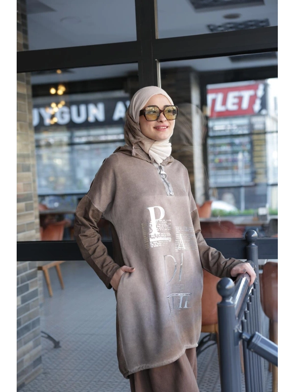 Kadın Işıl Kapşonlu Tunik-Vizon