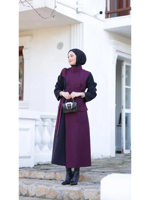 Kadın Kaşe Sekiz Düğmeli Kap-Bordo