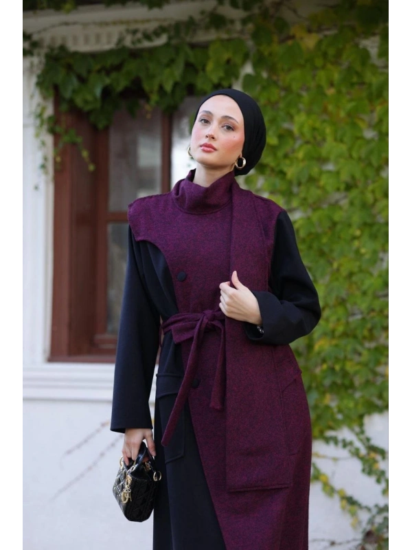 Kadın Kaşe Sekiz Düğmeli Kap-Bordo