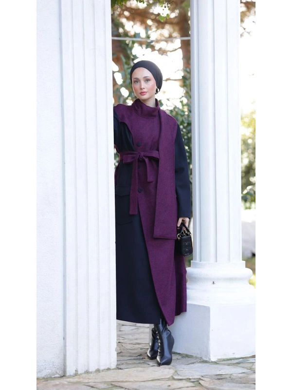 Kadın Kaşe Sekiz Düğmeli Kap-Bordo