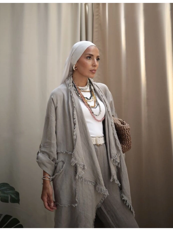 Kadın Keten Püsküllü Kısa Tunik-Bulanık İnci