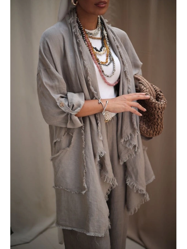 Kadın Keten Püsküllü Kısa Tunik-Bulanık İnci