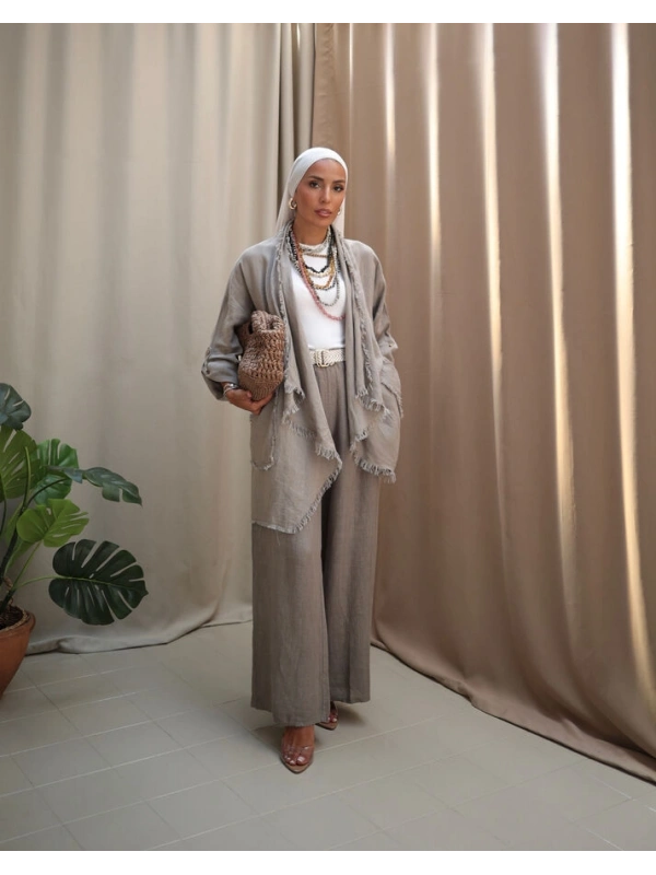 Kadın Keten Püsküllü Kısa Tunik-Bulanık İnci