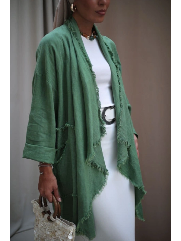 Kadın Keten Püsküllü Kısa Tunik-Fesleğen