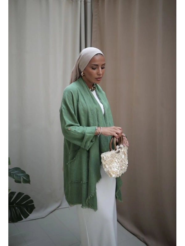 Kadın Keten Püsküllü Kısa Tunik-Fesleğen