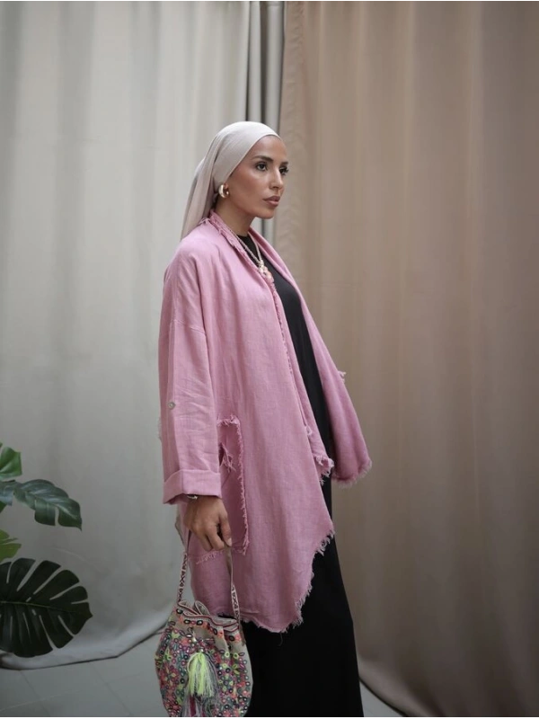 Kadın Keten Püsküllü Kısa Tunik-Pudra Pembe