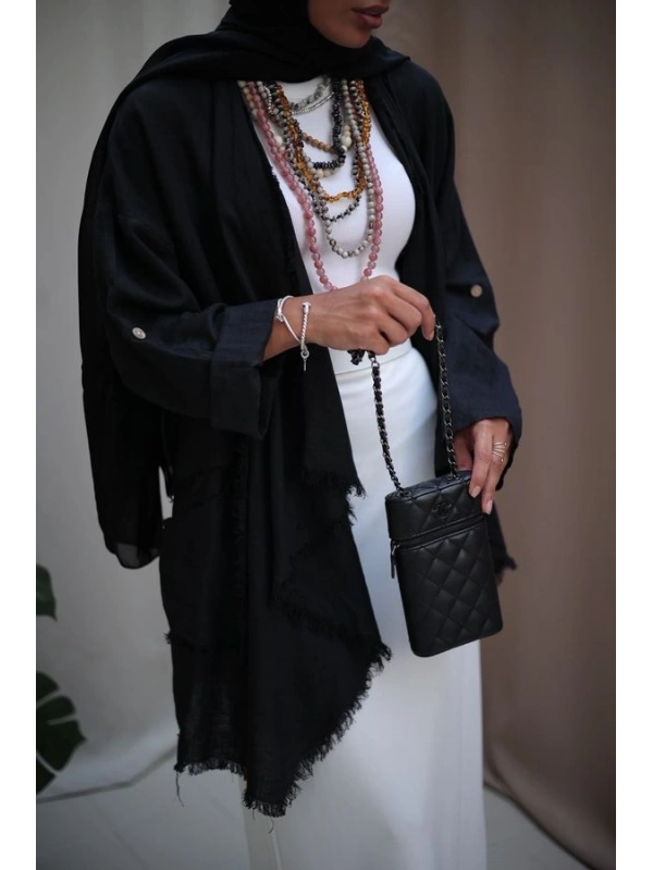 Kadın Keten Püsküllü Kısa Tunik-Siyah