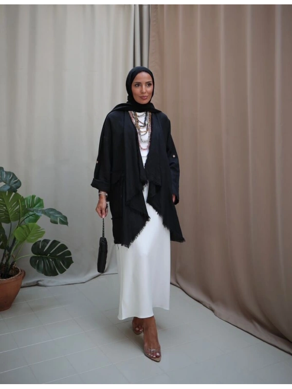 Kadın Keten Püsküllü Kısa Tunik-Siyah