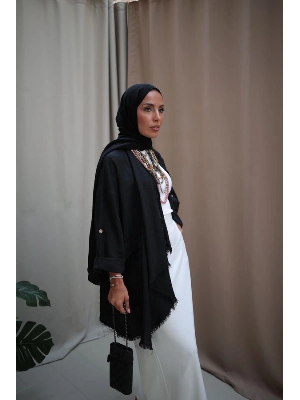 Kadın Keten Püsküllü Kısa Tunik-Siyah