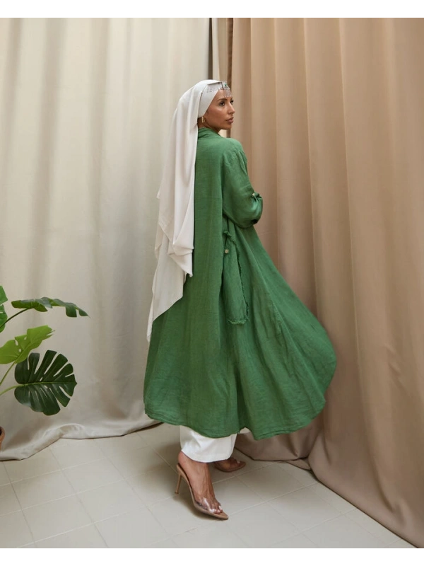 Kadın Keten Püsküllü Uzun Tunik-Fesleğen