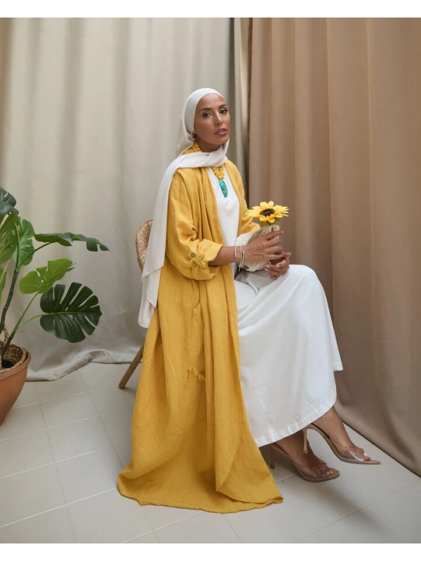 Kadın Keten Püsküllü Uzun Tunik-Hardal