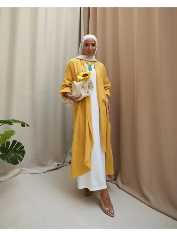 Kadın Keten Püsküllü Uzun Tunik-Hardal