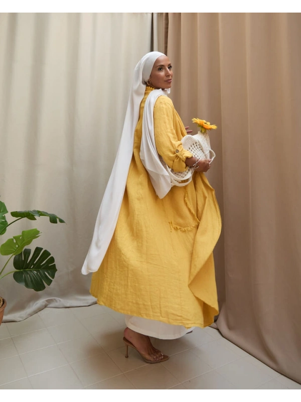 Kadın Keten Püsküllü Uzun Tunik-Hardal