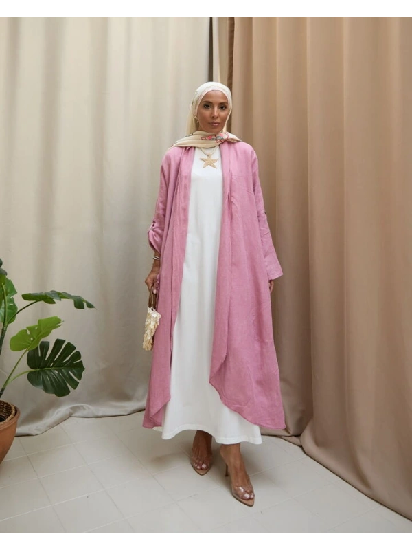 Kadın Keten Püsküllü Uzun Tunik- Pudra Pembe
