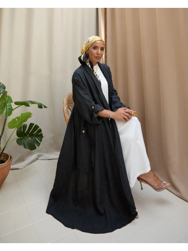 Kadın Keten Püsküllü Uzun Tunik-Siyah