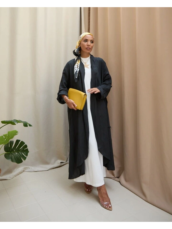 Kadın Keten Püsküllü Uzun Tunik-Siyah