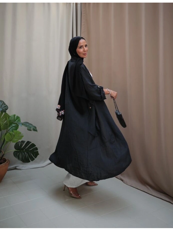 Kadın Keten Püsküllü Uzun Tunik-Siyah