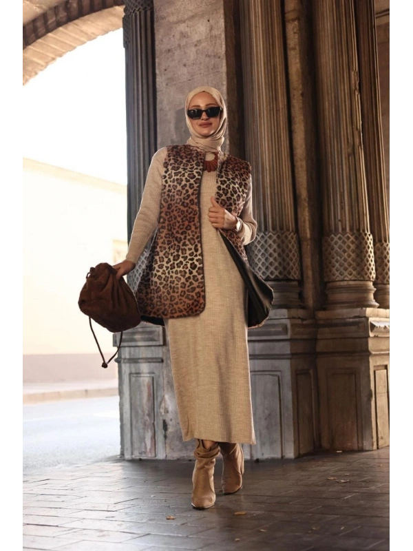 Kadın Leopar Peluş Yelek-Bej