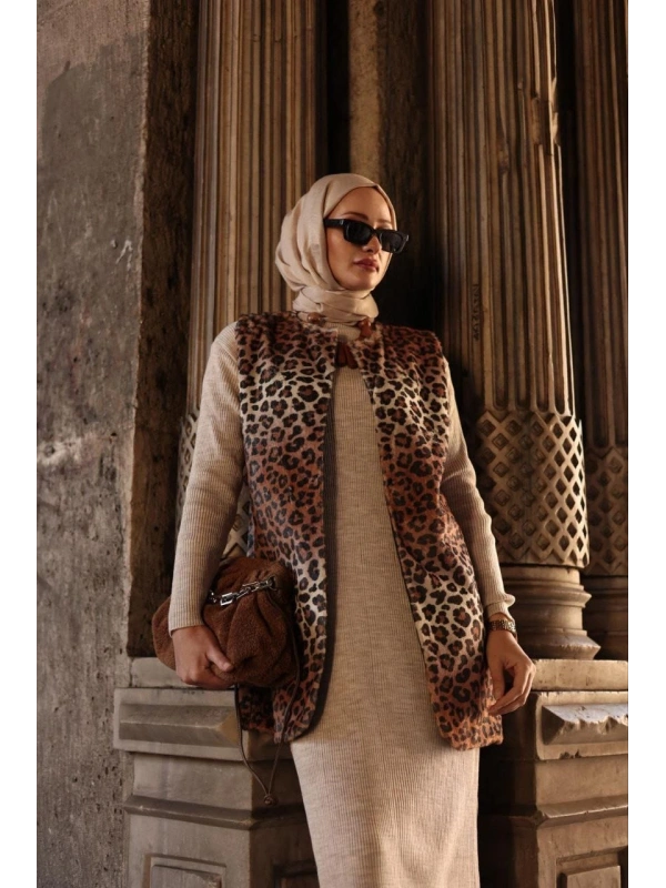 Kadın Leopar Peluş Yelek-Bej