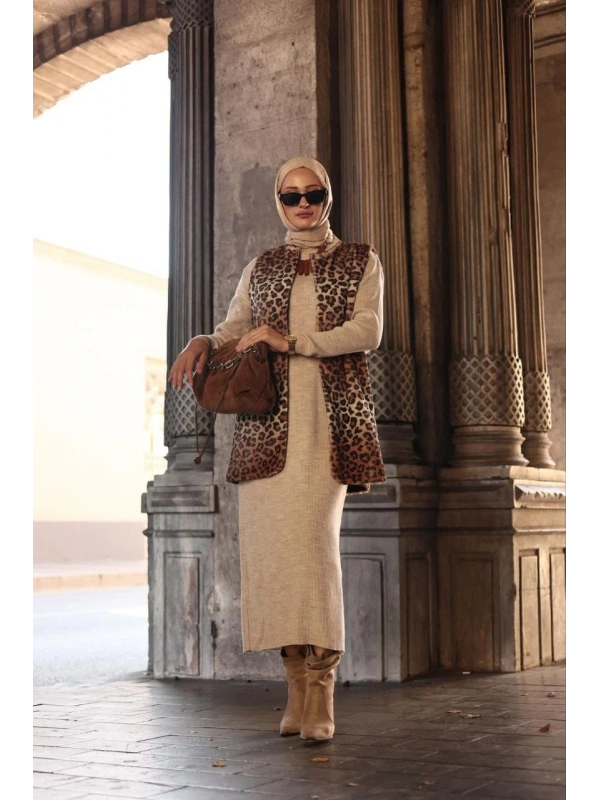 Kadın Leopar Peluş Yelek-Bej