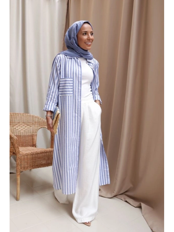 Kadın Mavi Çizgili Gömlek Tunik