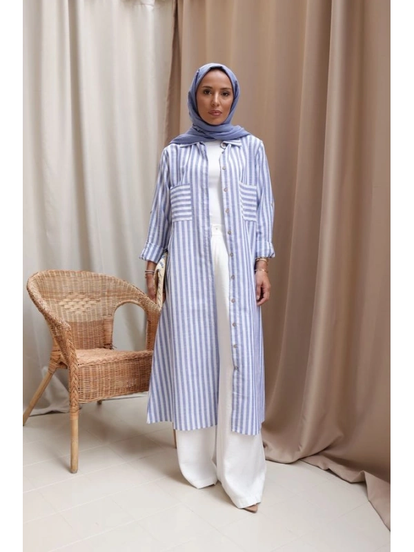 Kadın Mavi Çizgili Gömlek Tunik