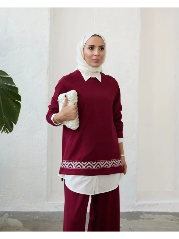 Kadın Modal Nakışlı Takım-Bordo