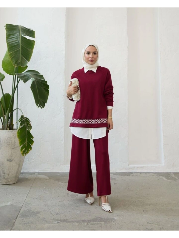 Kadın Modal Nakışlı Takım-Bordo