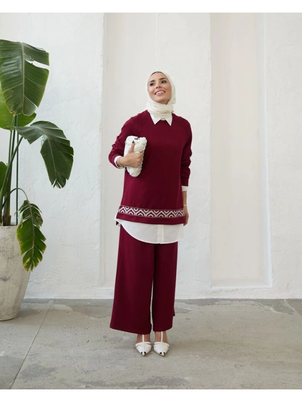 Kadın Modal Nakışlı Takım-Bordo