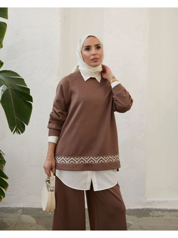 Kadın Modal Nakışlı Takım-Kahve