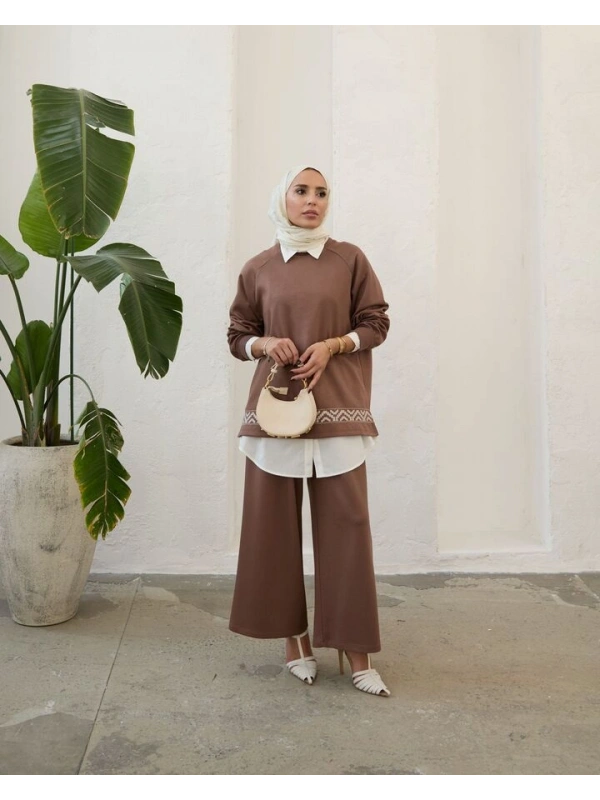 Kadın Modal Nakışlı Takım-Kahve