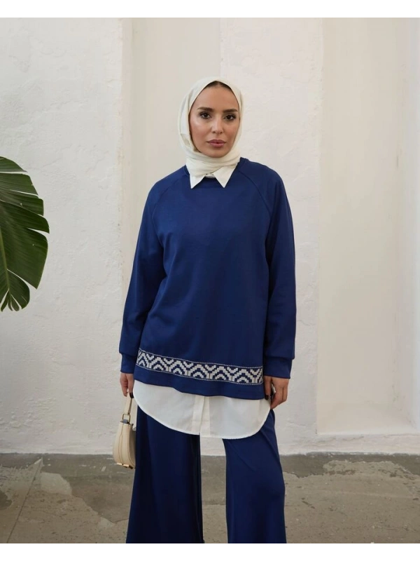 Kadın Modal Nakışlı Takım-Mavi