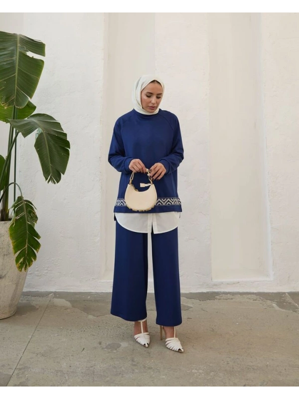 Kadın Modal Nakışlı Takım-Mavi