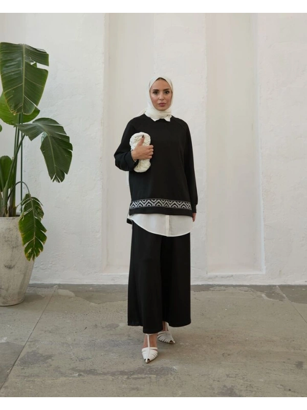 Kadın Modal Nakışlı Takım-Siyah